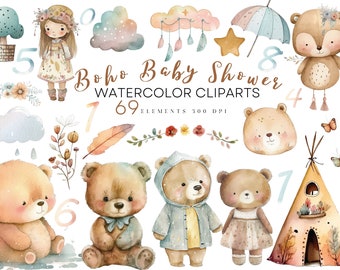 Watercolor Boho Baby Shower Clipart, Nursery Teddy Bear Clip Art, Instand Download Png, Cute Boho Clipart, Newborn Watercolor Clipart, Teddy