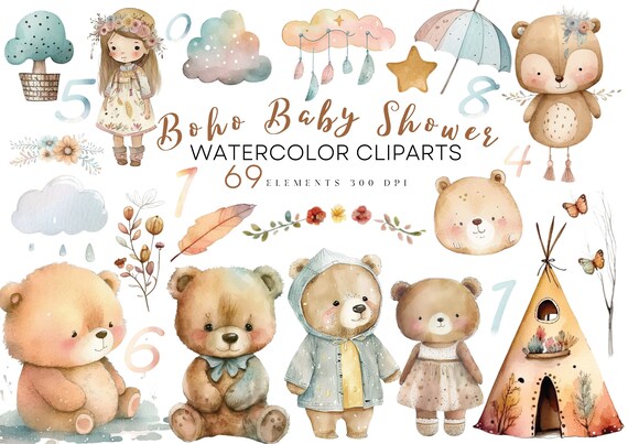 Watercolor Boho Baby Shower Clipart, Nursery Teddy Bear Clip Art, Instand Download Png, Cute Boho Clipart, Newborn Watercolor Clipart, Teddy