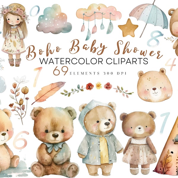 Aquarelle Boho Baby Shower Clipart, pépinière ours en peluche Clip Art, téléchargement Instand Png, mignon Boho Clipart, Clipart aquarelle nouveau-né, Teddy