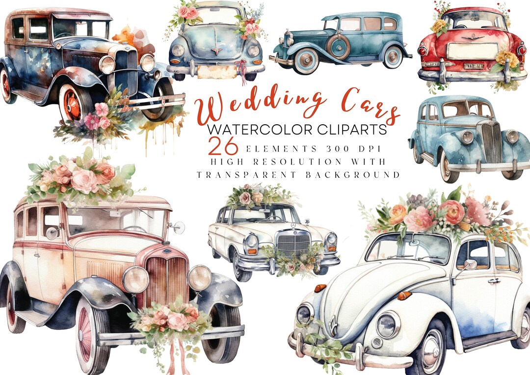 Watercolor Wedding Car Clipart, Just Married Car, Car Bundle PNG ...