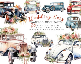 Watercolor Wedding Car Clipart, Just married car, Car Bundle PNG Sublimation Designs, Watercolor Retro Car with Flowers Wedding Clip Art PNG