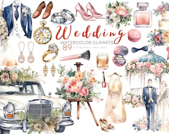 Acuarela boda Clipart novia novio accesorios de boda, novia Clip art arco de boda, elementos de boda, pastel de boda, anillos imprimibles PNG