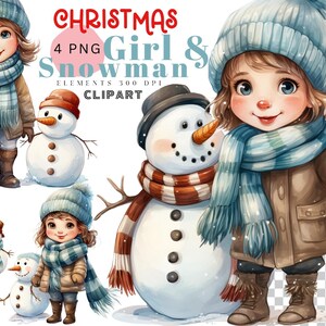 Leuke kerst aquarel clipart sneeuwpop en schattig meisje doodle, sublimatie ontwerp PNG, xmas Santa meisje sneeuwpop kwekerij, gratis commercieel gebruik