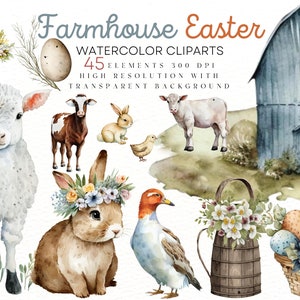 Clipart de Páscoa de fazenda em aquarela, clipart de animais de fazenda rústicos, primavera Páscoa sublimação fazenda aquarela coelhinhos Clipart digital png