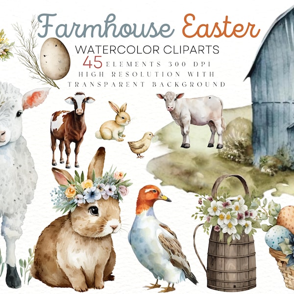 Watercolor Farmhouse Easter Clipart, Rustic Farm Animals Clipart, Spring Easter Sublimation Farmhouse Watercolor Bunnies Clipart Digital png