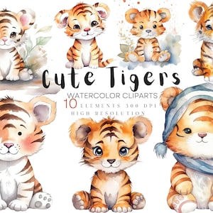 Acuarela lindo tigre Clipart PNG, bebé tigre Imágenes Prediseñadas, lindo tigre Png paquete, adorable cachorro de tigre Imágenes Prediseñadas, 10 archivos JPG, uso comercial gratuito