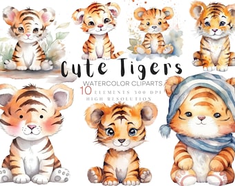 Aquarell süße Tiger Clipart PNG, Baby Tiger Clipart, süße Tiger Png Bundle, entzückende Tiger Cub Clipart, 10 JPG-Dateien, kostenlose kommerzielle Nutzung