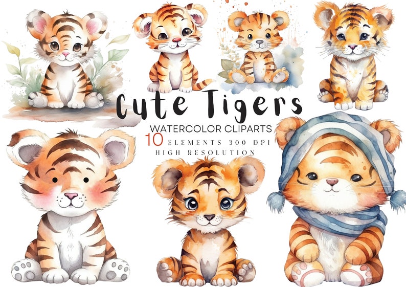 Pode incluir: Um conjunto de 10 ilustra&ccedil;&otilde;es de clipart de aquarela de tigres fofinhos em v&aacute;rias poses. Os tigres s&atilde;o retratados em um estilo de desenho animado com listras laranja brilhantes e pretas. As ilustra&ccedil;&otilde;es s&atilde;o perfeitas para adicionar um toque de fantasia a qualquer projeto.