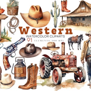 Watercolor Western Clipart, Horse Clipart Cowboy Western Texas Bundle Watercolor Cowboy Ranch PNG Format Instant Download For Commercial Use