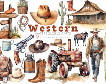 Watercolor Western Clipart, Horse Clipart Cowboy Western Texas Bundle Watercolor Cowboy Ranch PNG Format Instant Download For Commercial Use