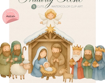 Watercolor Cute Nativity Clipart, Nativity Scene, Religious Clipart, Christmas Clipart, Jesus Birth Commercial Use, Card Making Scrapbooking