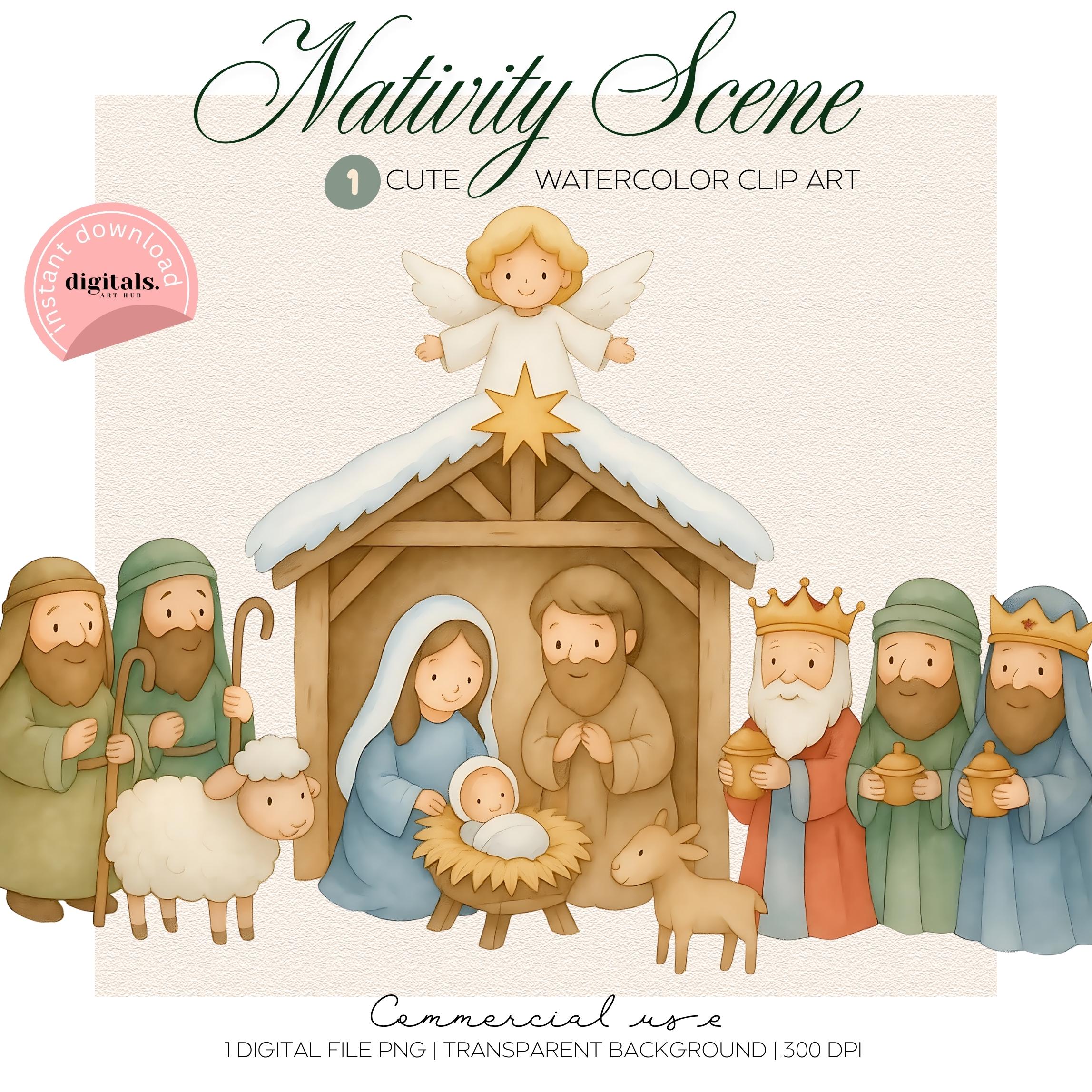 水彩画のかわいいキリスト降誕のクリップアート、キリスト降誕のシーン