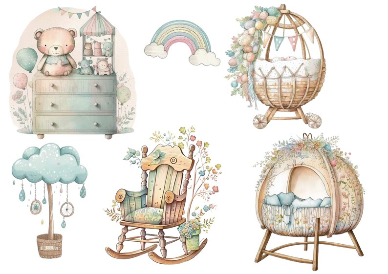 Boho Baby Shower Clipart, Watercolor Clipart, Nursery Decor PNG Clipart ...
