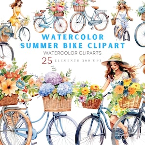 Clipart bicicletta dell'acquerello, Clipart bicicletta floreale vintage, fiori di primavera bici acquerello PNG stampabile digitale, cesto di fiori bicicletta PNG
