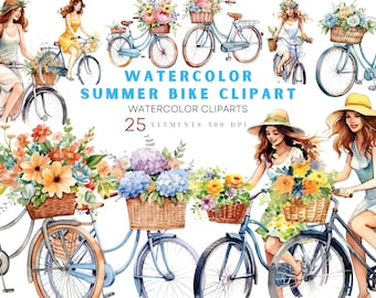 Watercolor Bicycle Clipart, Vintage Floral Bicycle Clipart, Spring Flowers Bike Watercolor PNG Printable Digital, Flower Basket Bicycle PNG