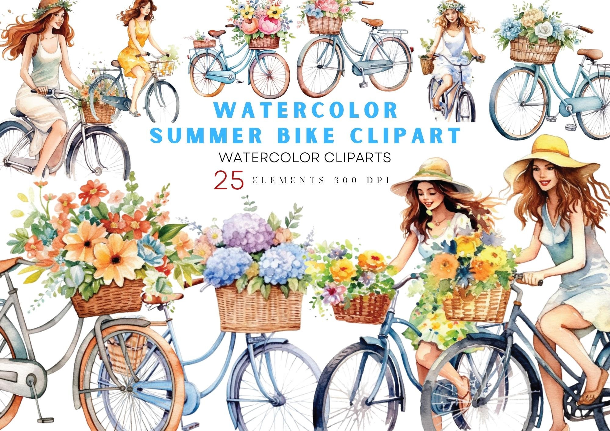 Watercolor Bicycle Clipart, Vintage Floral Bicycle Clipart, Spring ...