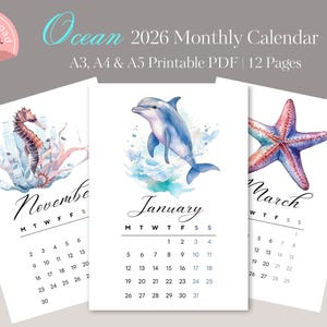 2026 Printable Calendar | 2026 Calendar Printable, Ocean Calendar 2026, 12 Month Calendar 2026 Sea Calendar Instant Download | Calendar UK