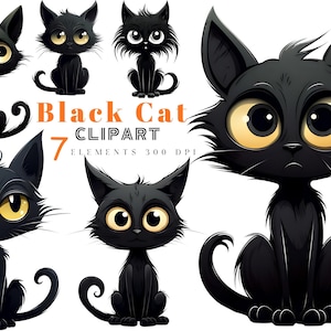 Peut inclure: Sept illustrations de chats noirs avec des traits de style cartoon, y compris de grands yeux et une variété de poses. Les chats sont tous noirs avec des yeux jaunes. Le texte "Black Cat Clipart 7 Elements 300 DPI" est affiché sous les images.