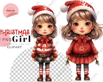 Acuarela Chica de Navidad, Linda Chica Ilustración de Navidad, Traje de Navidad, Acuarela Santa Chica Clipart Sublimación PNG Archivo Clipart