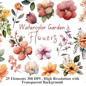 25 Pastel Flowers PNG, Watercolor Floral Clipart, Watercolor wildflower floral, spring flower, Elements, Garden Flowers, Digital clipart PNG
