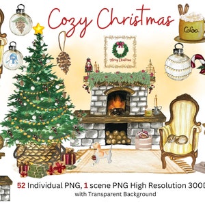 Cozy Christmas Clipart Watercolor, Beige Clipart Christmas Decor, Printable Ornaments Clipart, Instant Download PNG, Fireplace Clipart Cozy