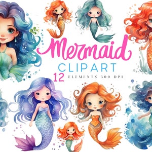 Aquarell Meerjungfrau Clipart, süße Meerjungfrau Aquarell Clipart, Baby-Dusche Meerjungfrau Clipart PNG, süße kleine Sirene, Meerjungfrau Sublimation Clipart