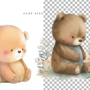May include: Two watercolor illustrations of brown teddy bears. The first bear is sitting with its paws tucked in front of it. The second bear is sitting with its paws in front of it and is holding a blue object. Both bears have a light brown nose and light brown eyes.