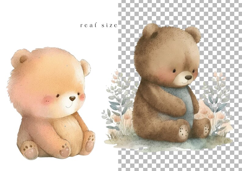 May include: Two watercolor illustrations of brown teddy bears. The first bear is sitting with its paws tucked in front of it. The second bear is sitting with its paws in front of it and is holding a blue object. Both bears have a light brown nose and light brown eyes.