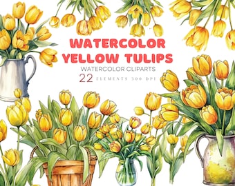 Watercolor Tulip Clipart, Floral Clipart PNG, Instant Download Clip Art, Yellow Tulips Clipart, Floral Vase, Baskets Clipart, Spring Clipart