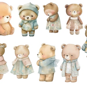 May include: Nine watercolor illustrations of brown teddy bears wearing different outfits. The bears are wearing clothes like dresses, sweaters, jackets, and hats. The bears are all smiling and looking happy.
