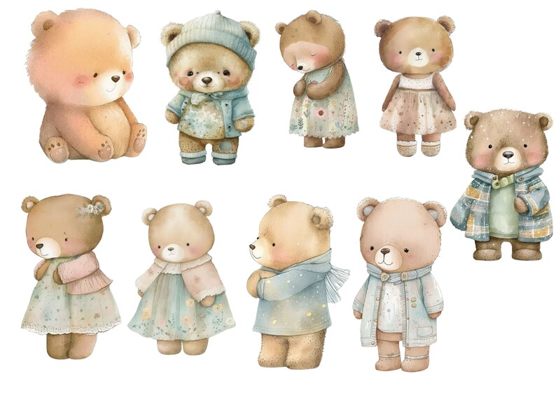 May include: Nine watercolor illustrations of brown teddy bears wearing different outfits. The bears are wearing clothes like dresses, sweaters, jackets, and hats. The bears are all smiling and looking happy.