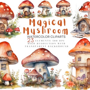 Watercolor Mushroom House Clipart, Fairy Toadstool House PNG, Mushroom Cottages Clipart Bundle, Mystical Mushroom Houses, Cottagecore PNG