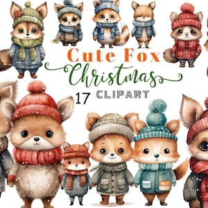 Mignon Noël Fox Clipart Bundle, Aquarelle Winter Fox PNG, Woodland Christmas Clipart, Cute Forest Animal, Utilisation commerciale pour Noël