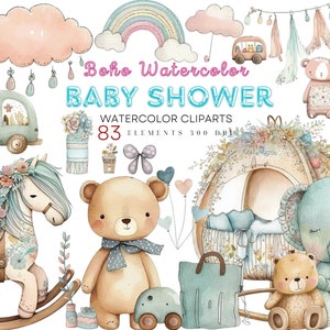 Boho Baby Dusche Clipart, Aquarell Clipart, Kinderzimmer Dekor PNG Clipart, Boho Aquarell, sofortiger Download, niedliche Kinderzimmer Grafiken Printables