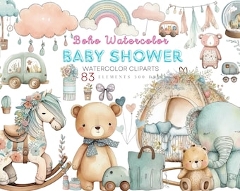 Boho Baby Shower Clipart, Watercolor Clipart, Nursery Decor PNG Clipart, Boho Watercolor, Instant Download, Cute Nursery Graphics Printables