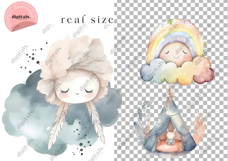 Boho Nursery Clipart Watercolor, Baby Shower Clip Art Boho Style, Boho ...