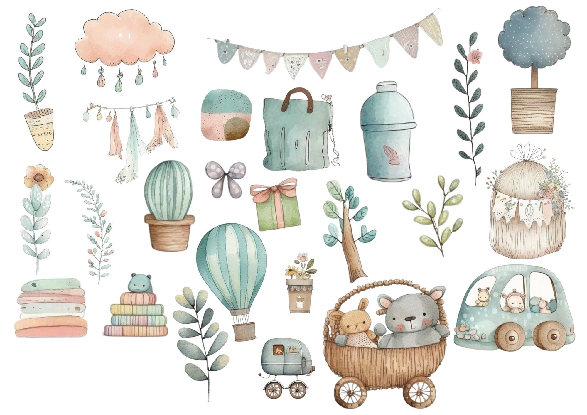 Boho Baby Shower Clipart, Watercolor Clipart, Nursery Decor PNG Clipart ...