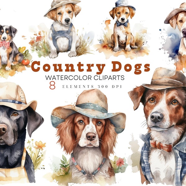 Watercolor Country Dogs Clipart PNG, Western Dogs With Hats Clipart Watercolor Cowboy Dogs Free Commercial Use Instant Download Clipart Dogs