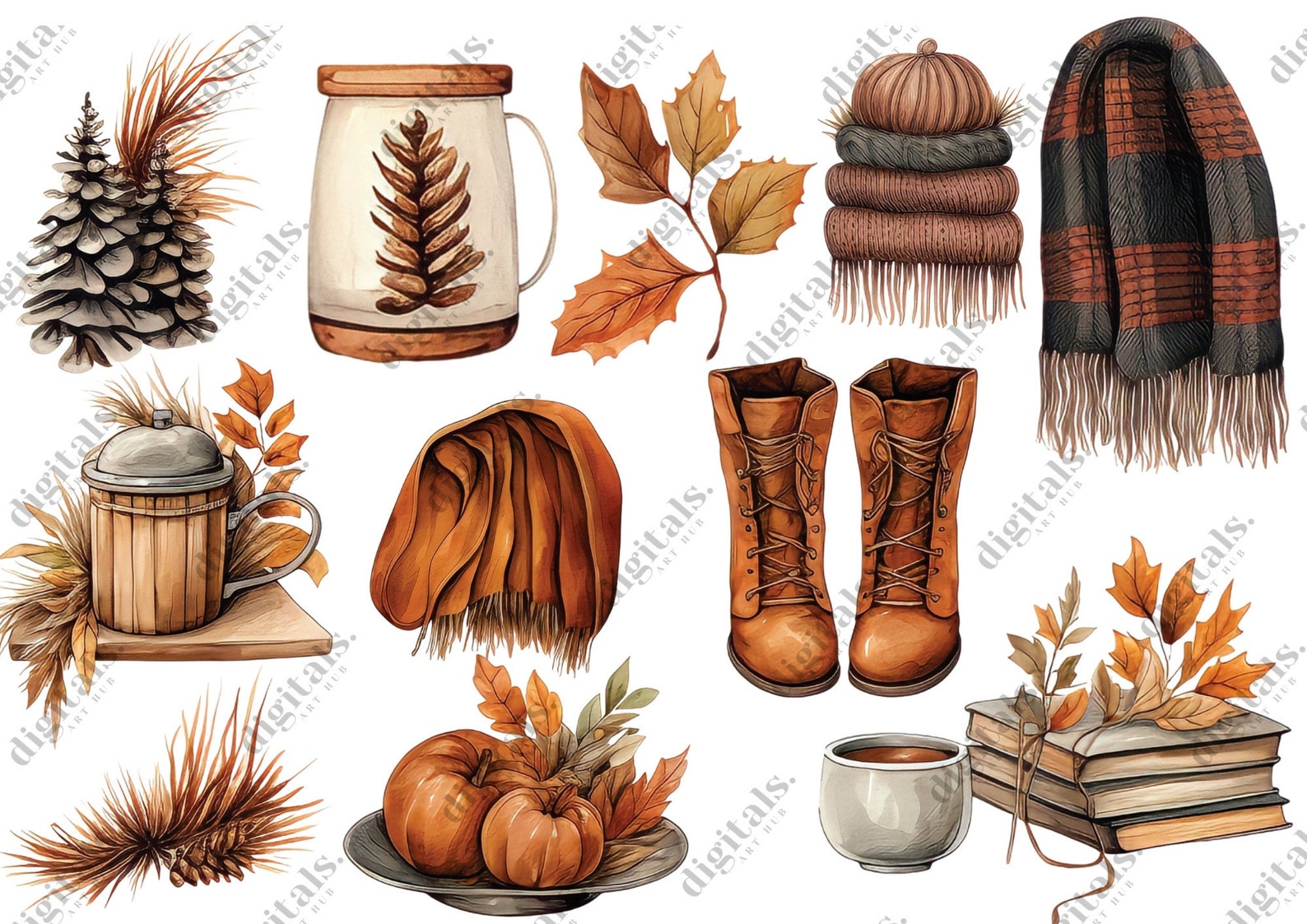 Watercolor Autumn Clipart, Cozy Fall Clipart Bundle, 53 PNG Watercolor ...