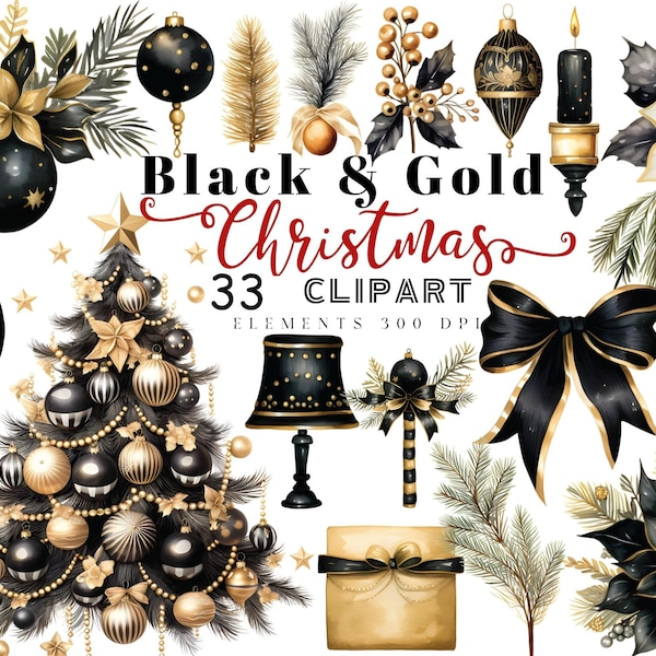 Black & Gold Christmas Clipart Watercolor Bundle, Watercolor Christmas Decor Clipart PNG, Christmas Designs SVG, Free Commercial Use Clipart