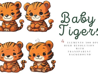 Watercolor Cartoon Tiger Clipart, Cute Tigers, Baby Jungle Clipart Watercolor, Sublimation Clipart, Tigers Illustration, Free Commercial Use