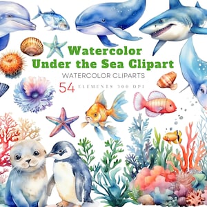 Sous la mer Clipart aquarelle, créatures de la mer mignonne, Téléchargement instantané PNG, bébé douche mer Animlas, océan Clipart poisson, baleine, herbier