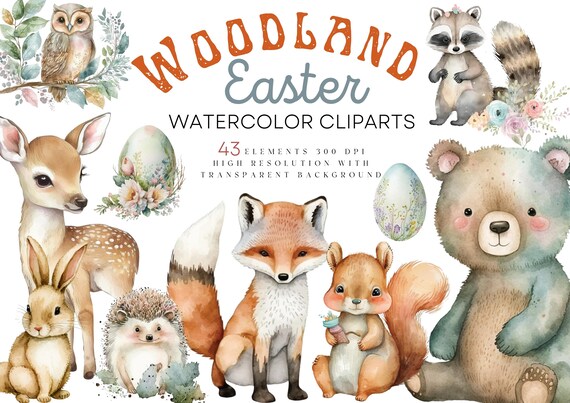 Watercolor Easter Clipart, Woodland Babies Clipart, Cute Animals Clipart Digital Download Easter Graphics, Bunny, Fox, Bear, Bambi, Hedgehog