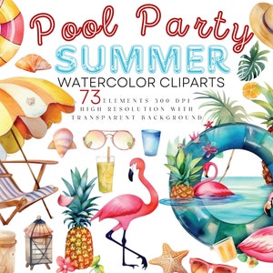 Watercolor Pool Party Summer Clipart Collection, Beach Party Clipart, Free Commercial Use Watercolor Summer Clipart, instant download, PNG