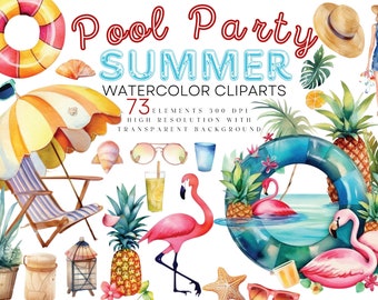 Watercolor Pool Party Summer Clipart Collection, Beach Party Clipart, Free Commercial Use Watercolor Summer Clipart, instant download, PNG