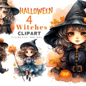 Clipart de bruxa de Halloween em aquarela, pacote PNG fofo e assustador