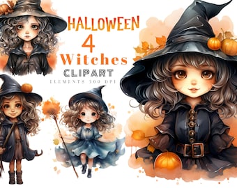 Watercolor Halloween Witch Clipart, Cute Spooky PNG Bundle