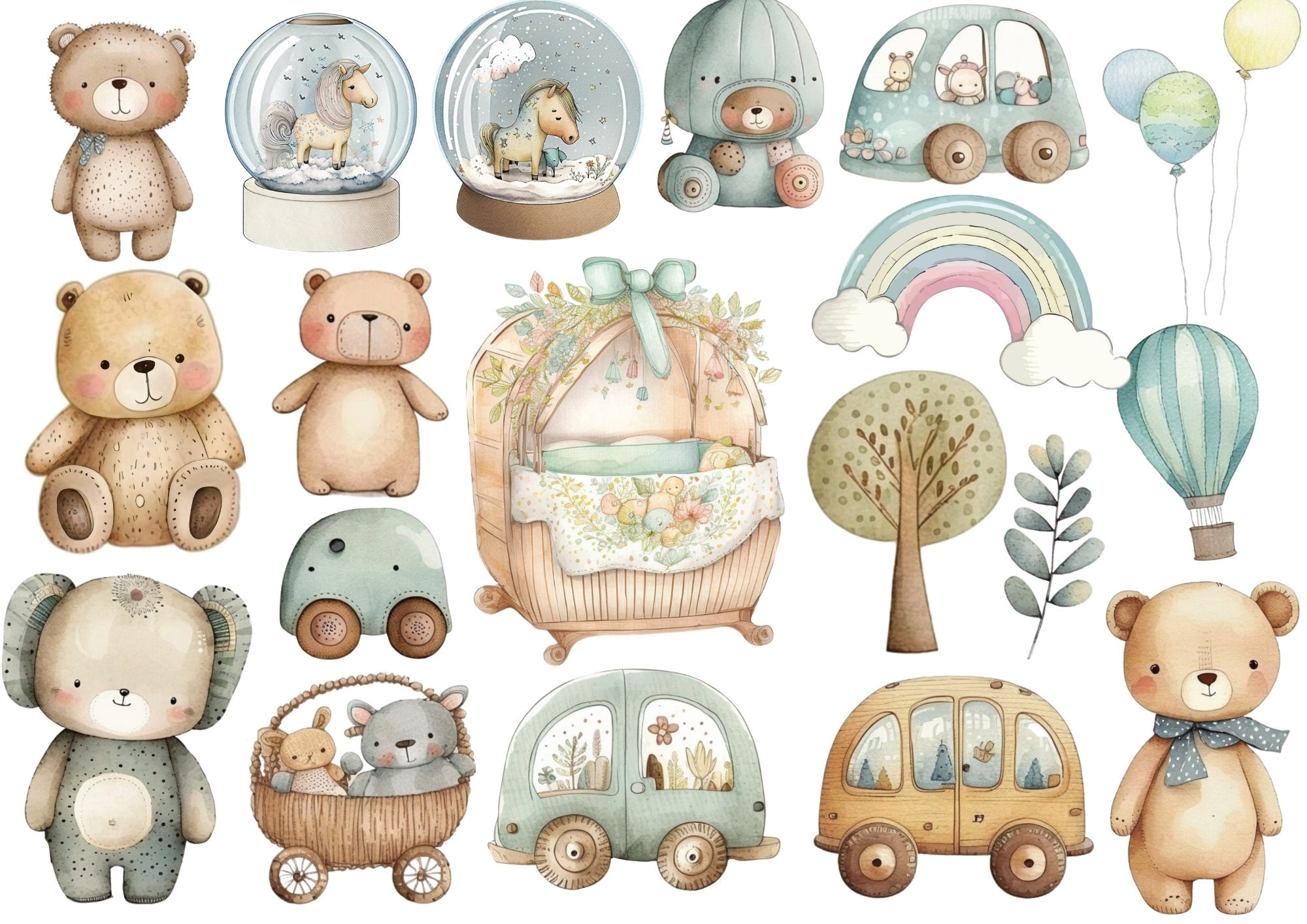 Boho Baby Shower Clipart, Watercolor Clipart Bundle, Nursery Decor PNG ...