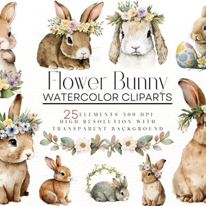 Watercolor Easter Bunny Clipart, Cute Easter Sublimation Bunny, Watercolor Bunny with Flowers Clipart, Spring Bunny Rabbit with Flowers PNG