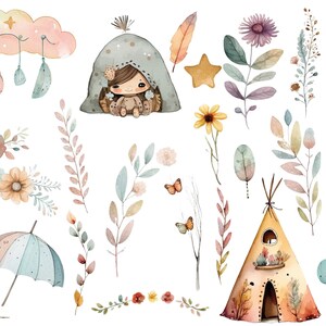 May include: Watercolor illustrations of a girl in a teepee, a cloud with hanging feathers, a variety of flowers and plants, a butterfly, a star, an umbrella, and a tree in a pot.
